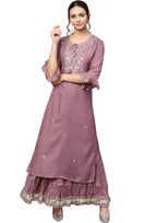 Ishin Women'S Rayon Burgundy Embellished A-Line Kurta Set With Skirt