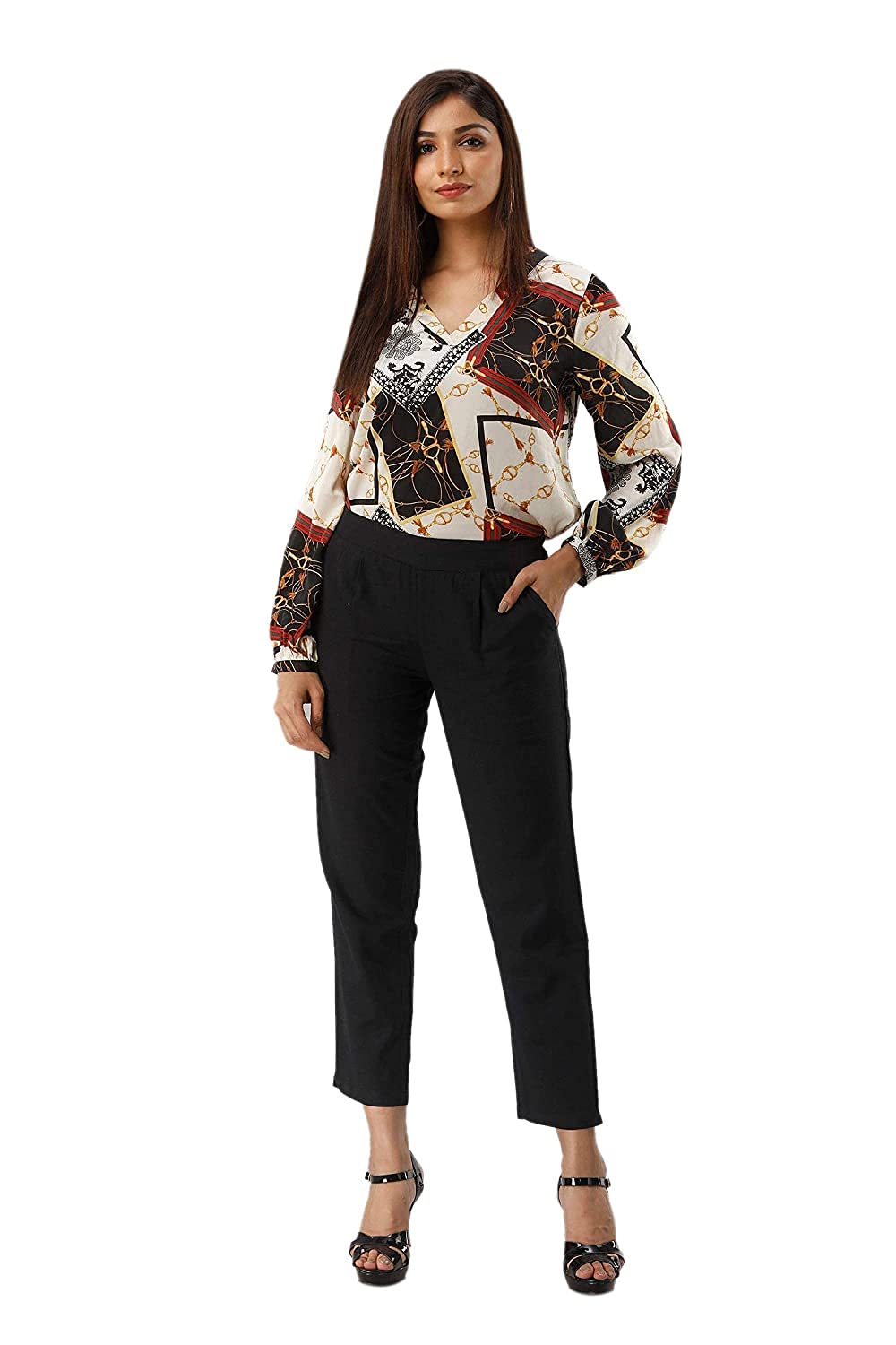Digital Shopee Women Cotton Regular Fit Elastic Waist Casual Ankle Pant Trouser With Two Side Pocket Black