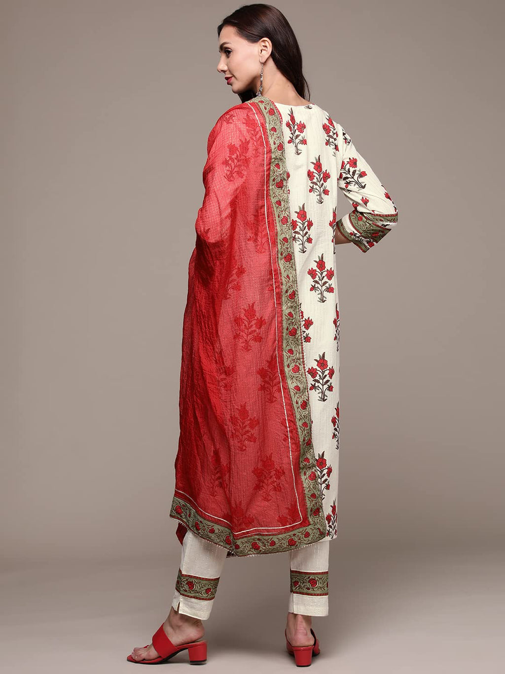 Anubhutee Women'S Cotton Off White Floral Printed Straight Kurta Suit Set With Pants And Dupatta