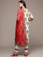 Anubhutee Women'S Cotton Off White Floral Printed Straight Kurta Suit Set With Pants And Dupatta