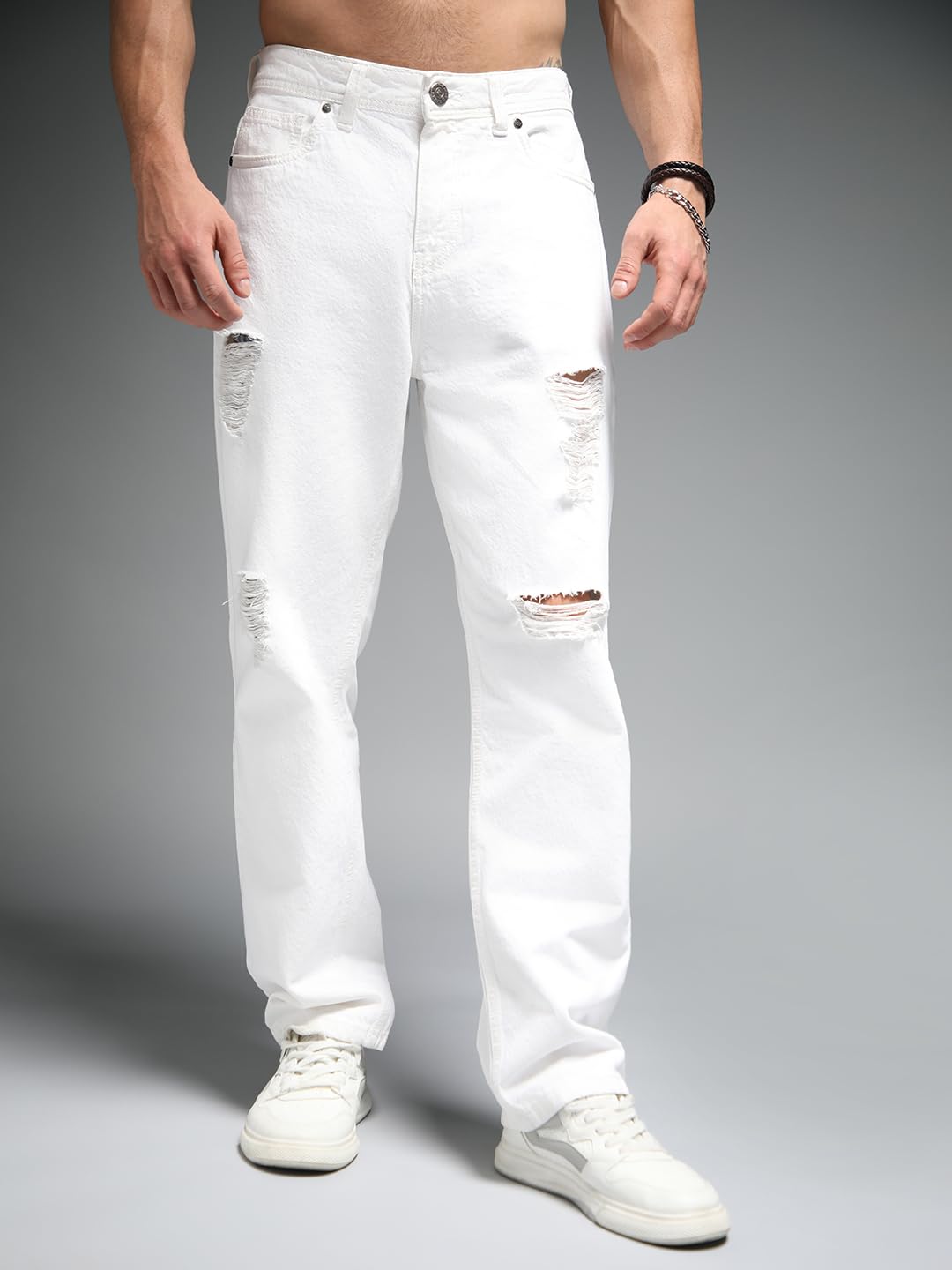 High Star Men White Cotton Fabric Straight Fit Mid-Rise Jeans