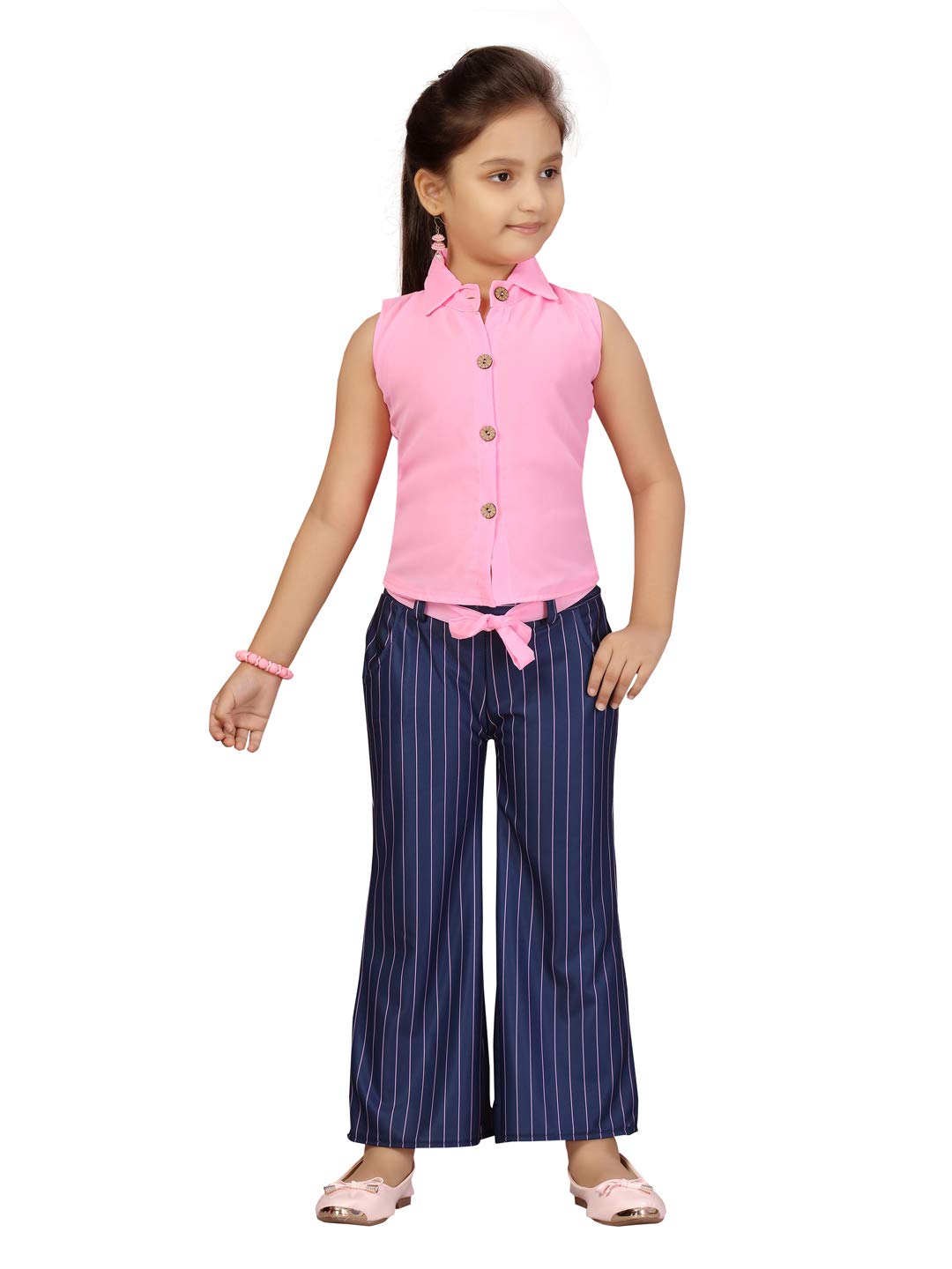 Aarika Girls Top Pant Regular fit Blended Top Pant Set(DR-1610-Pink-Navy Blue-24)