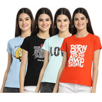 Preneum Womens Cotton Regular Fit Latest Graphic Stylish Printed Short Sleeves Casual T-Shirt || Trendy (Pack 4), Blue & Black 