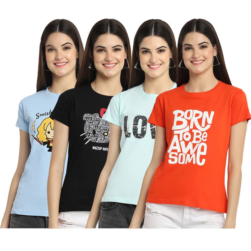 Preneum Womens Cotton Regular Fit Latest Graphic Stylish Printed Short Sleeves Casual T-Shirt || Trendy (Pack 4), Blue & Black 