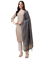 Fashion Basket Women Cotton Striped Printed Kurta And Pant Set With Dupatta (Large, Beige)