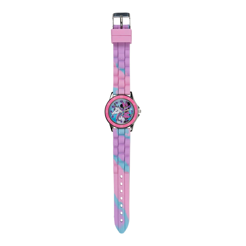 Disney Minnie Mouse Kids Time Teacher Watch with Hour & Minute Hands, Easy-to-Read Dial, and Glitter Silicone Strap - Pink & Blu
