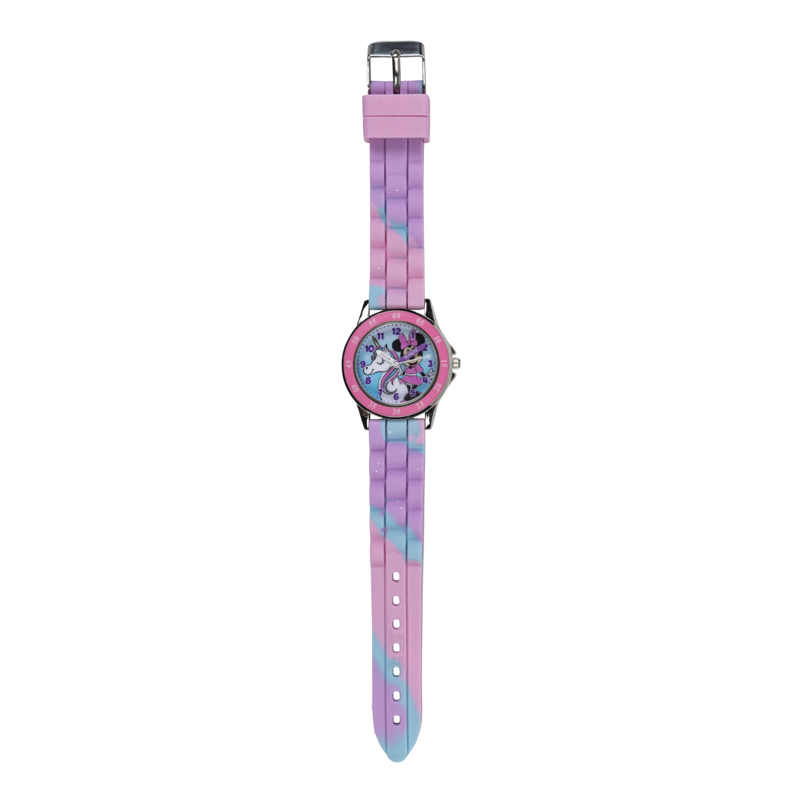 Disney Minnie Mouse Kids Time Teacher Watch with Hour & Minute Hands, Easy-to-Read Dial, and Glitter Silicone Strap - Pink & Blu