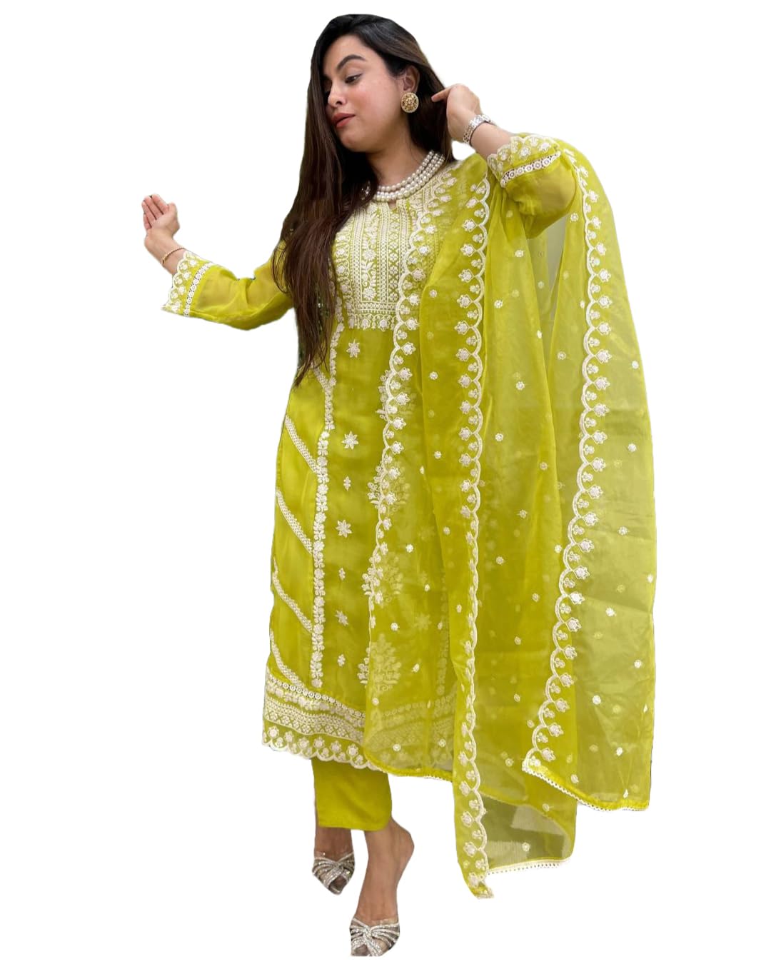 ANNI DESIGNER Womens Rayon Blend Straight Embroidered Kurta with Pant & Dupatta (Carlton Lemon_L_Lemon_Large)