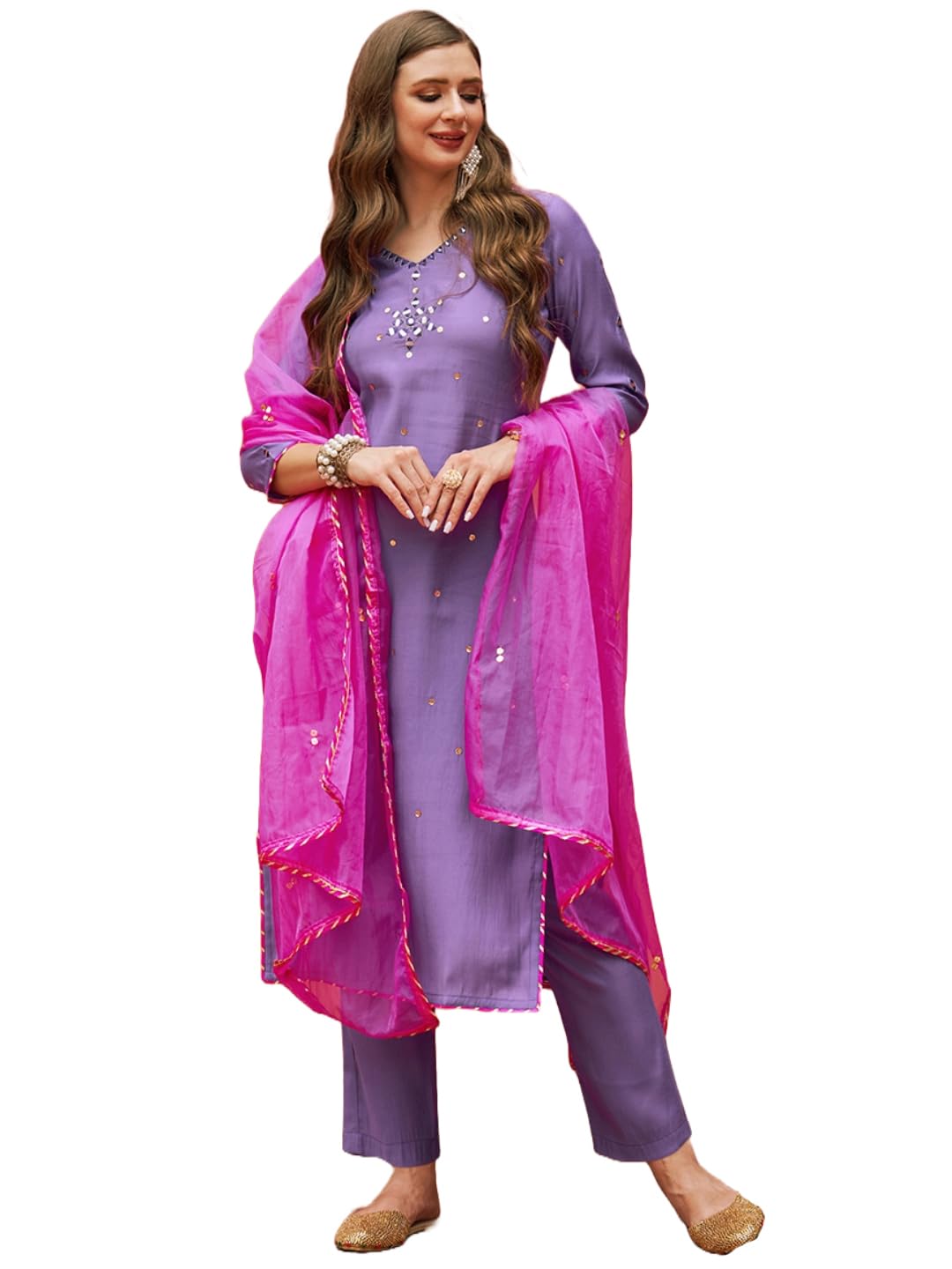 ANNI DESIGNER Women's Cotton Blend Mirror Work Straight Kurta with Pant & Dupatta (Mirror-Purple-NW_XXL_Purple_XX-Large)
