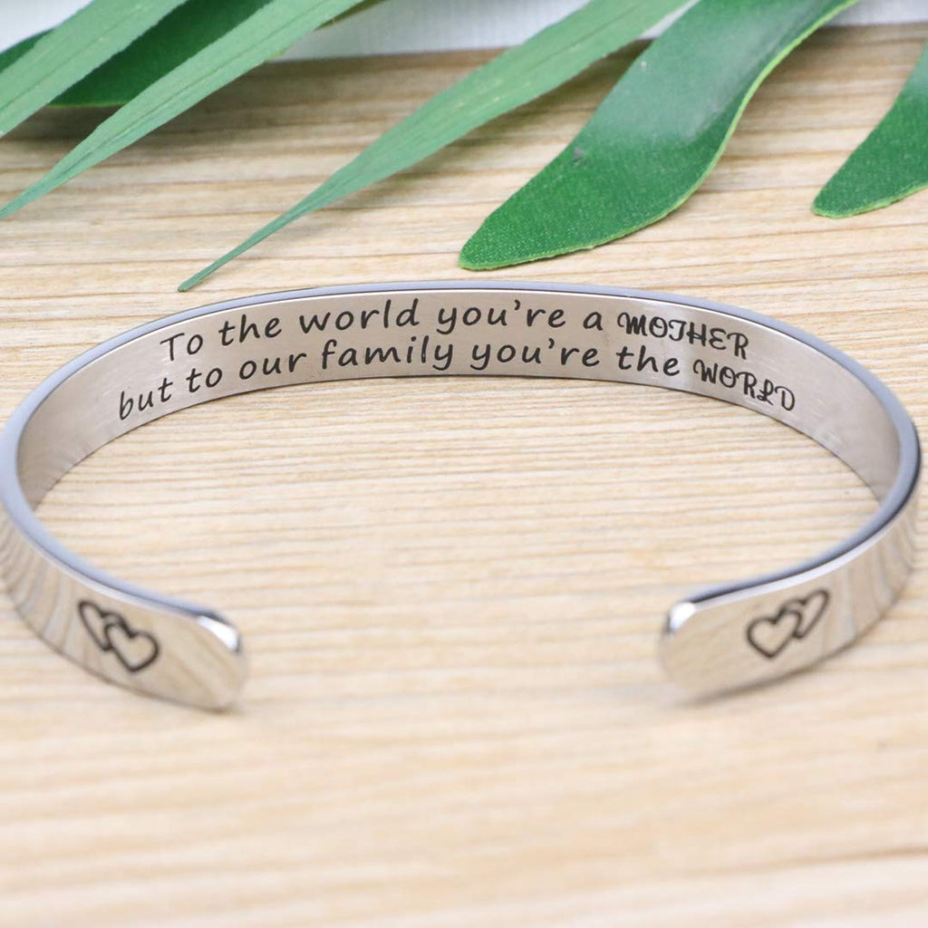 Memgift Bracelet for Mom Mothers Day Christmas Birthday Thanksgiving Day Gifts Cuff 316L Stainless Steel Jewelry To the World Yo