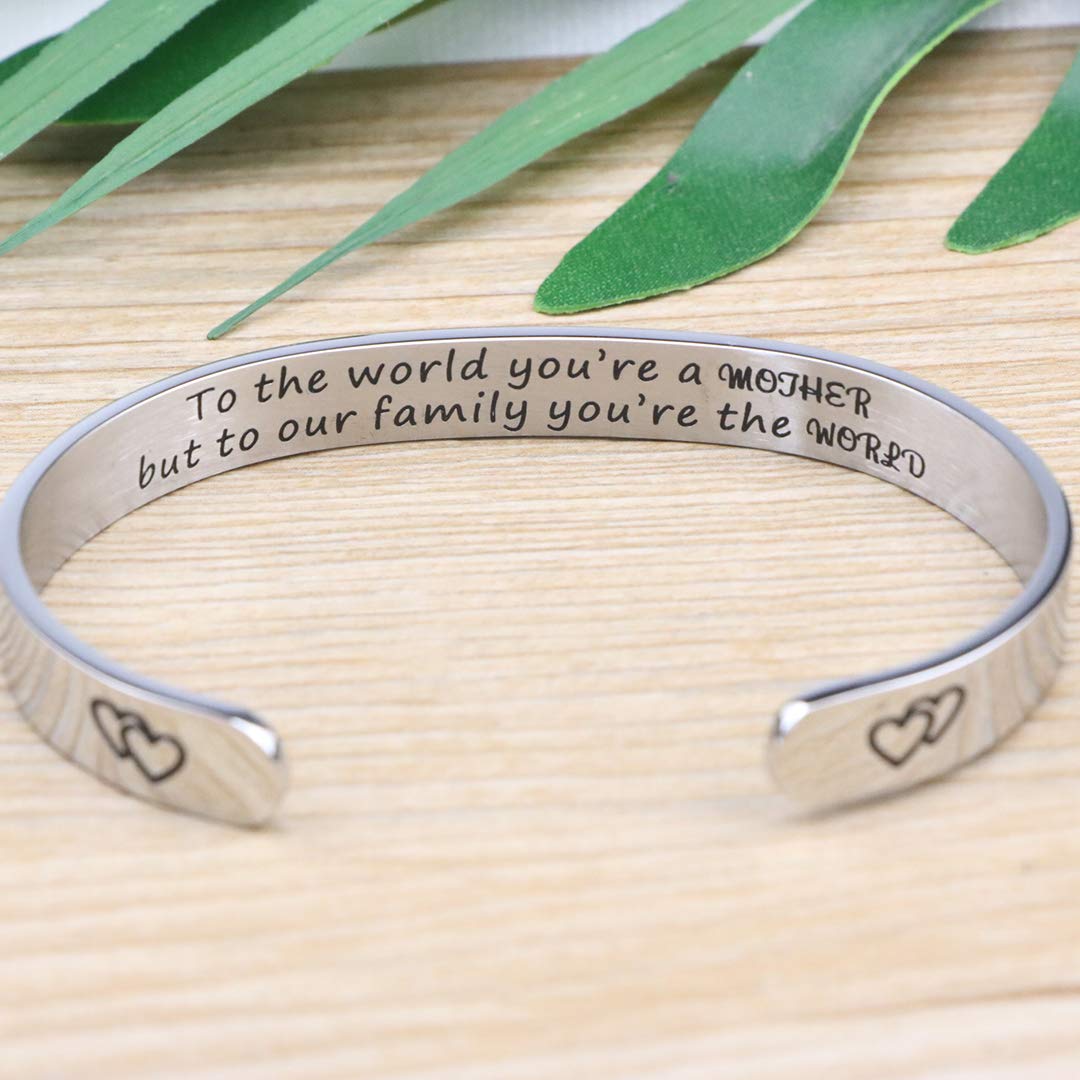 Memgift Bracelet for Mom Mothers Day Christmas Birthday Thanksgiving Day Gifts Cuff 316L Stainless Steel Jewelry To the World Yo