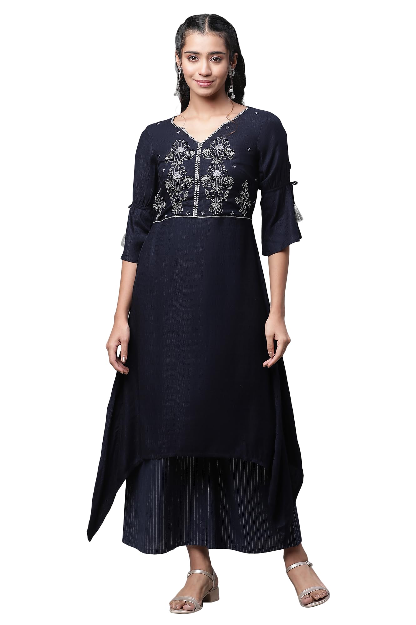 Aurelia Womens Dark Blue Viscose Asymmetrical Kurta, Palazzos Suit Set_23AUAS14189-605975_XS