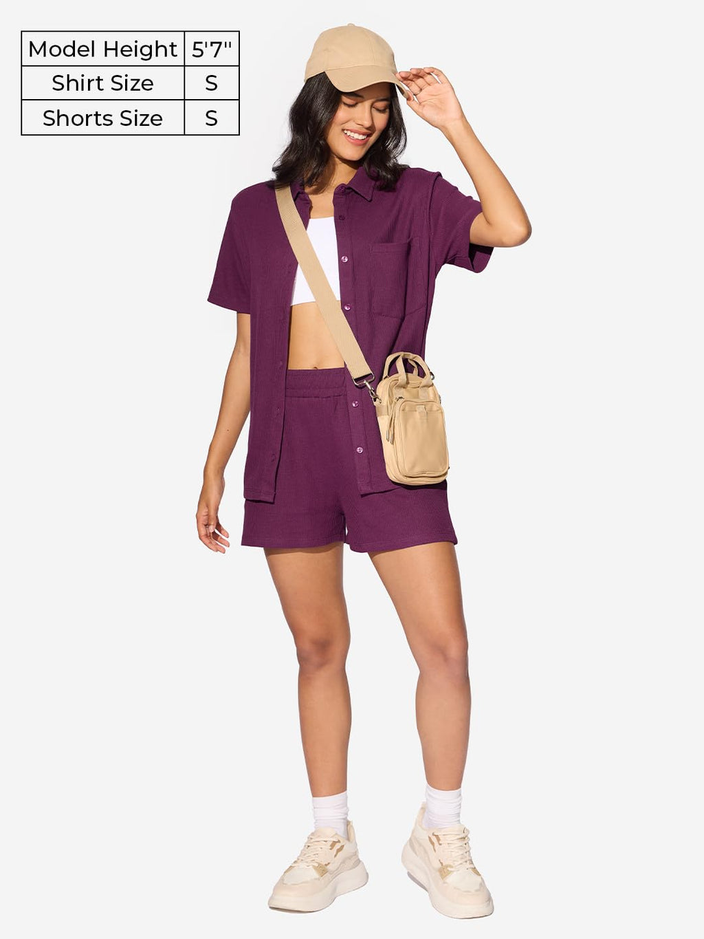 The Souled Store Solids: Spiced Plum Women and Girls Short Sleeves Collared Neck Button Front Textured Cotton Blend Boyfriend Sh