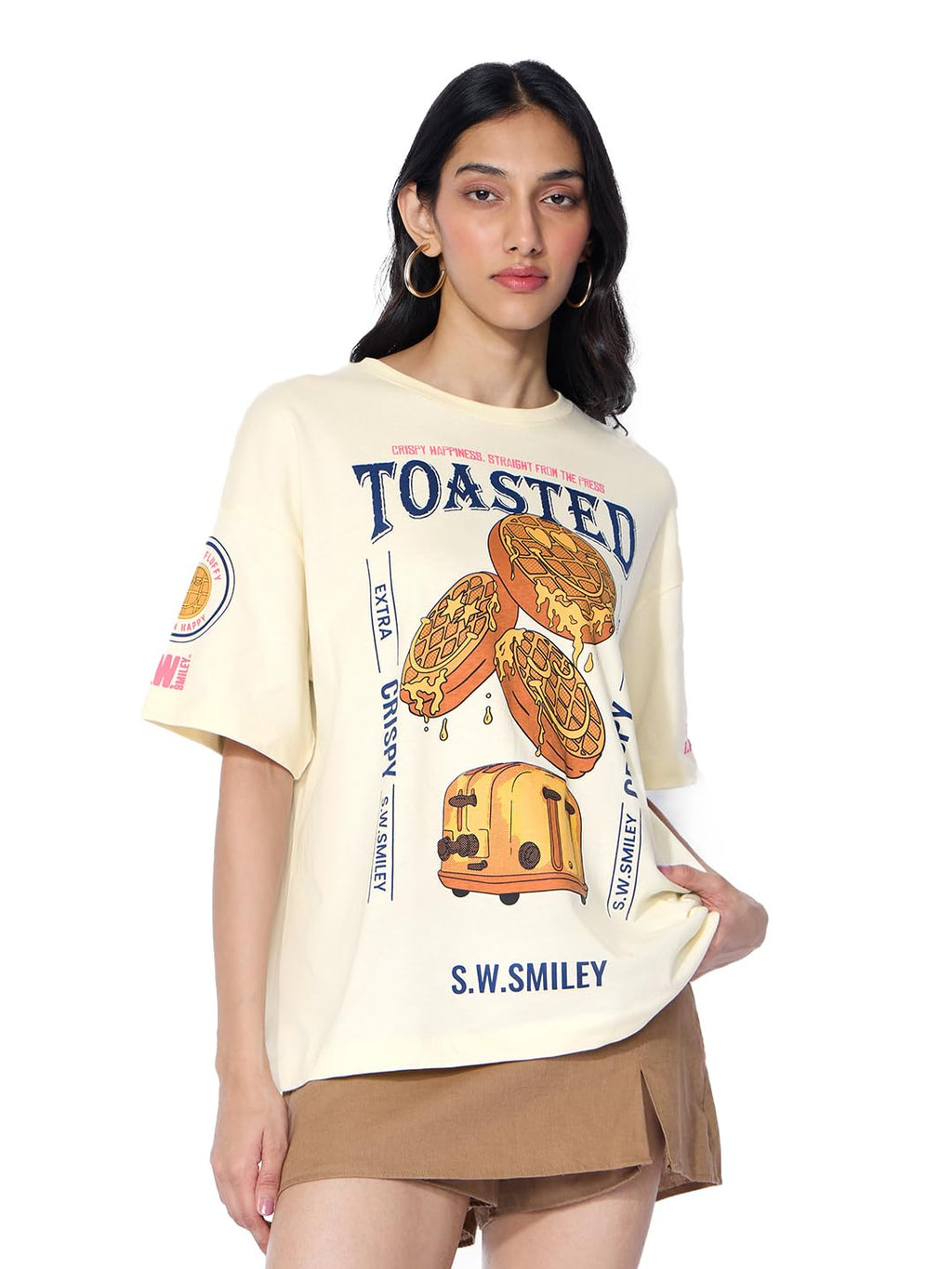 The Souled Store Smiley: Toasted Smiles Women and Girls Short Sleeves Round Neck Off White Graphic Printed Cotton Oversized T-Sh