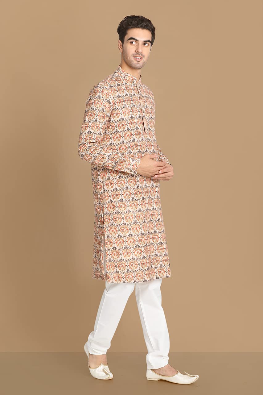 Manyavar Mens Kurta Only, Ethnic Kurta for Men, Full Sleeves Mandarin Collar Printed Blended Viscose