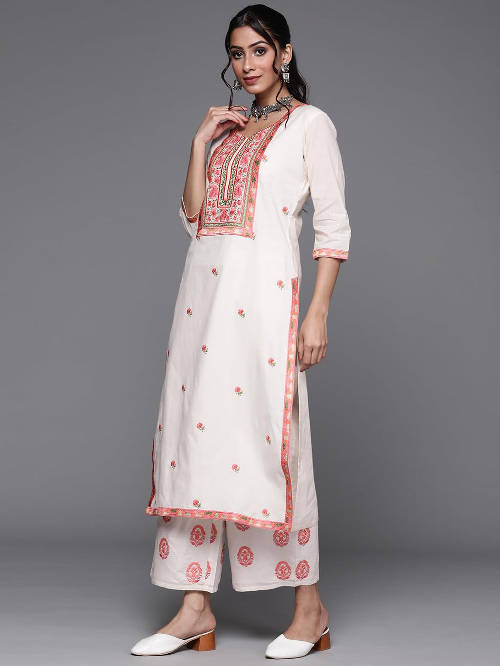 Libas Womens Yoke Design Cotton Straight Kurta With Palazzos And Dupatta