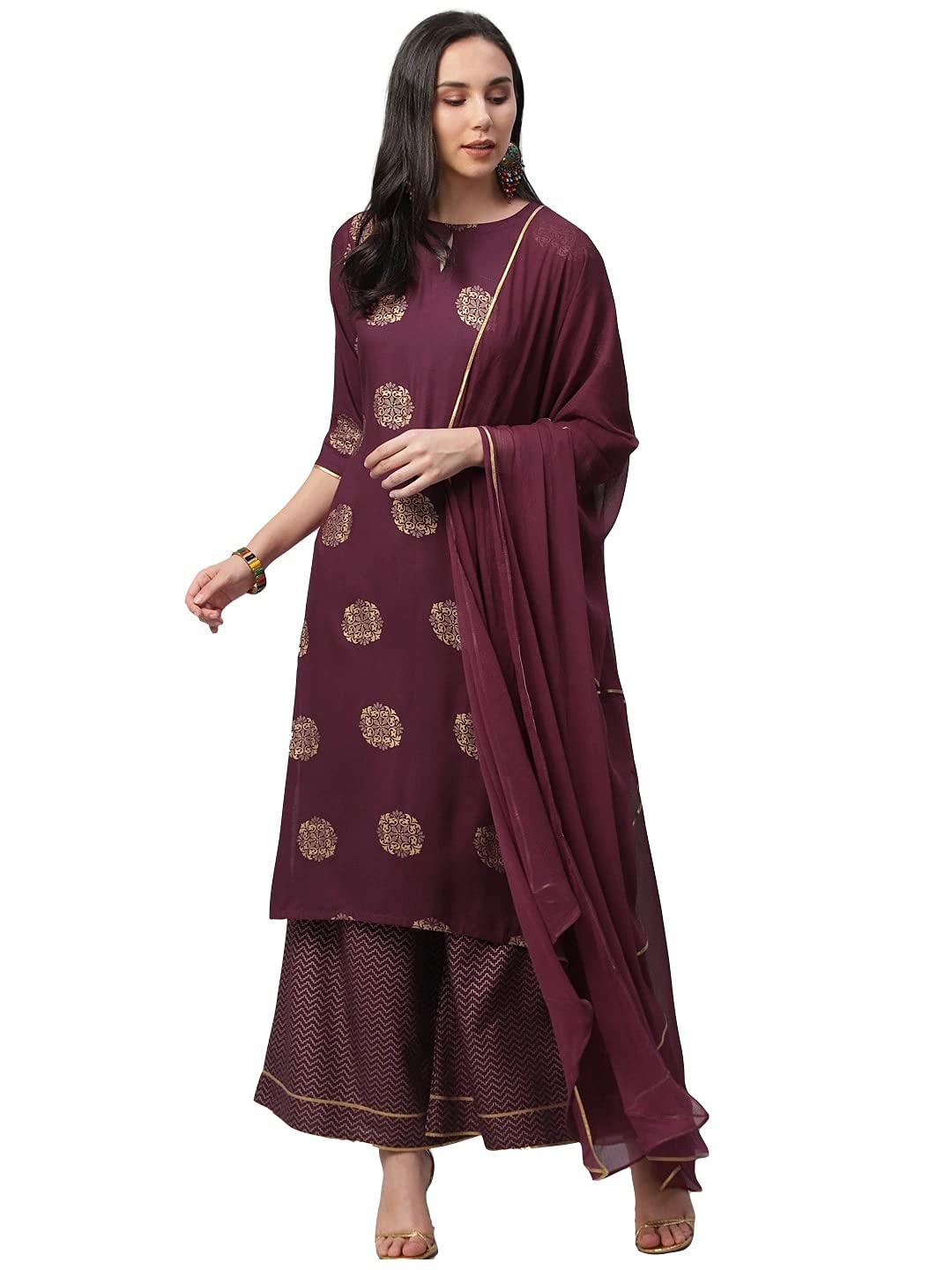 Gosriki Women'S Rayon Straight Kurta With Palazzos & Dupatta (Ayesha_Go_Xl_Wine_X-Large)
