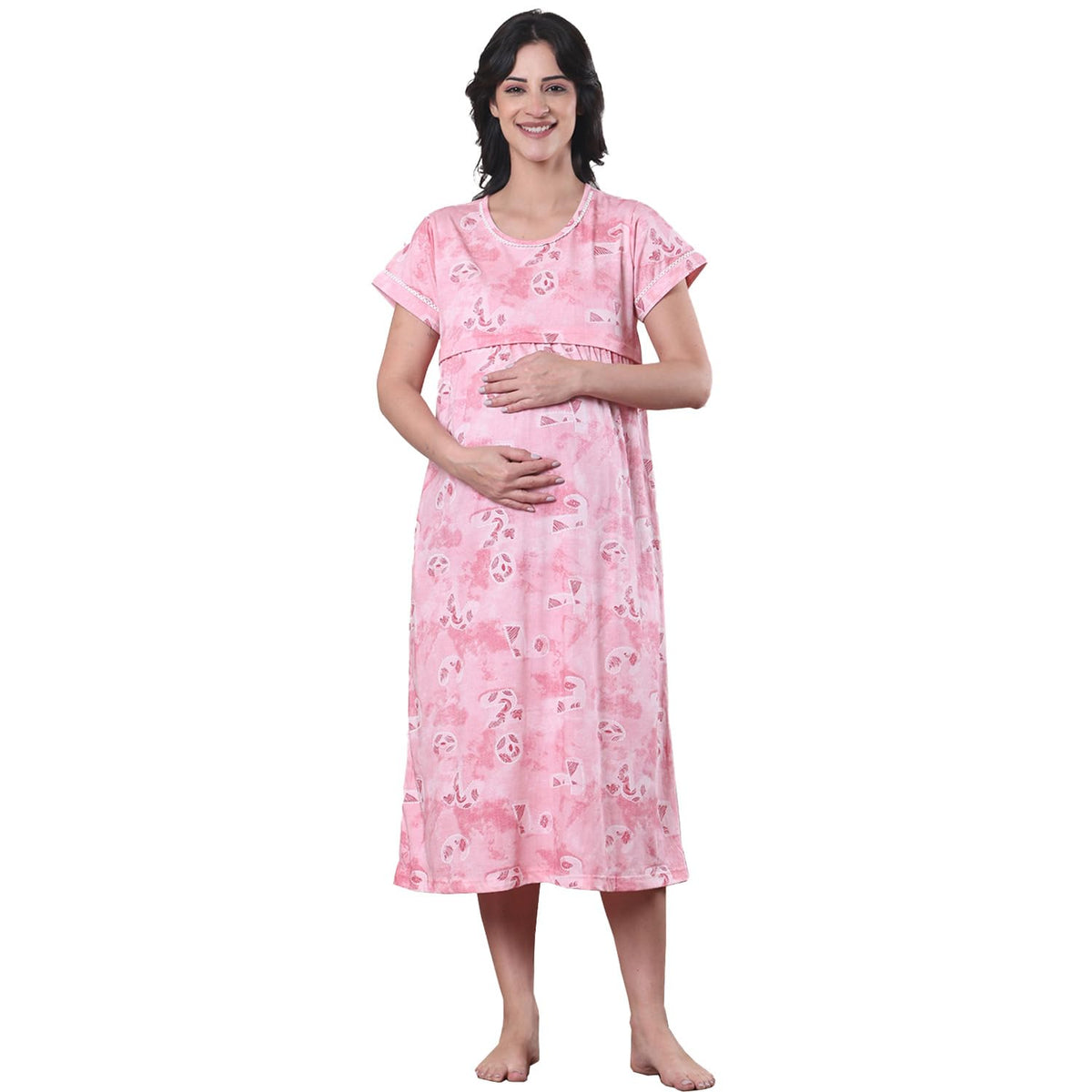 Secret Wish Pink Printed Hosiery Maternity Nighty/Maxi Nighty/Feeding/Nursing/Zipper/Printed/Nighty/Night Gown 2