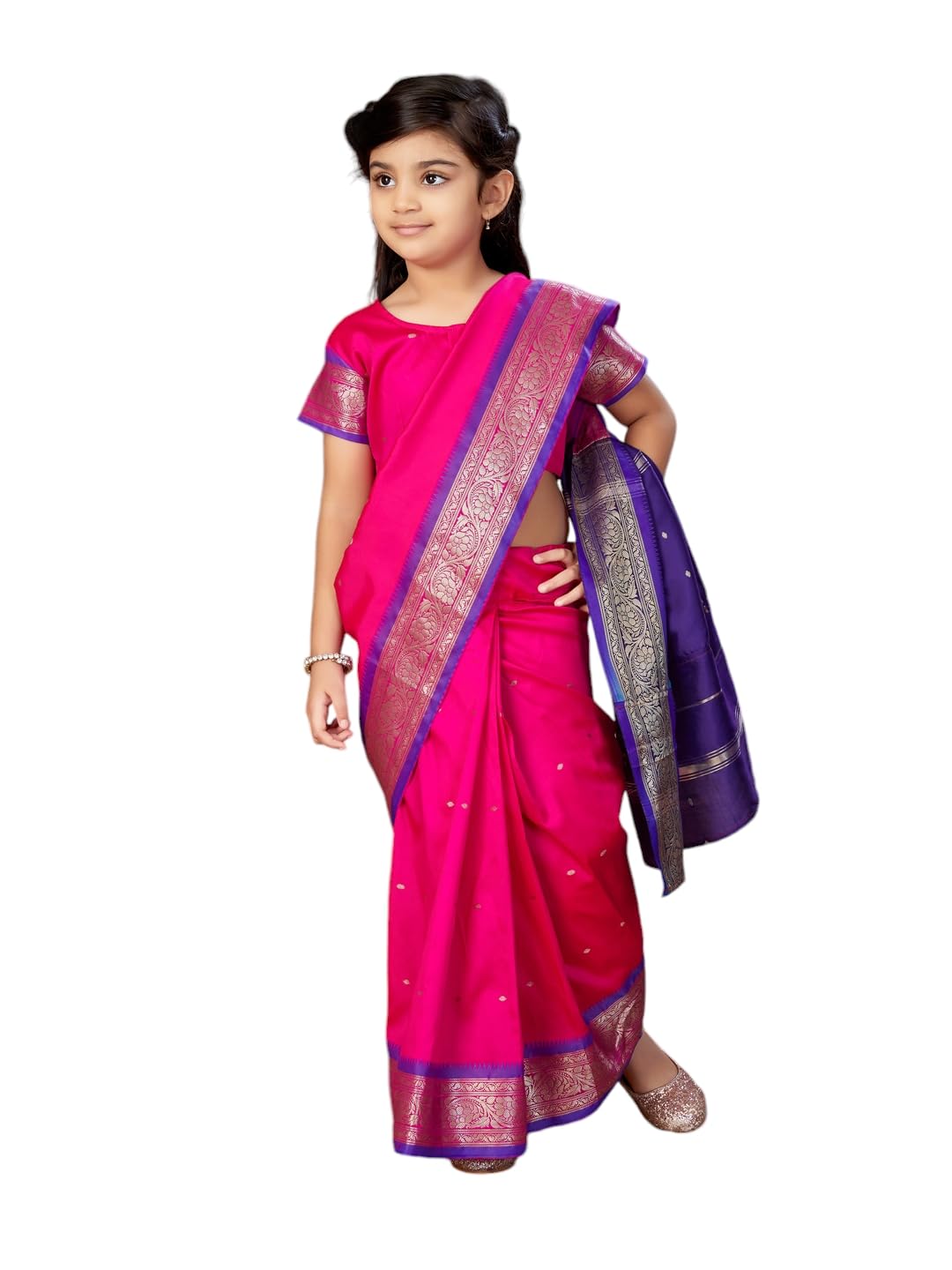 Aarika Girls Ethnic Wear Rani Colour Kalyani Silk Saree (3-9 Years)