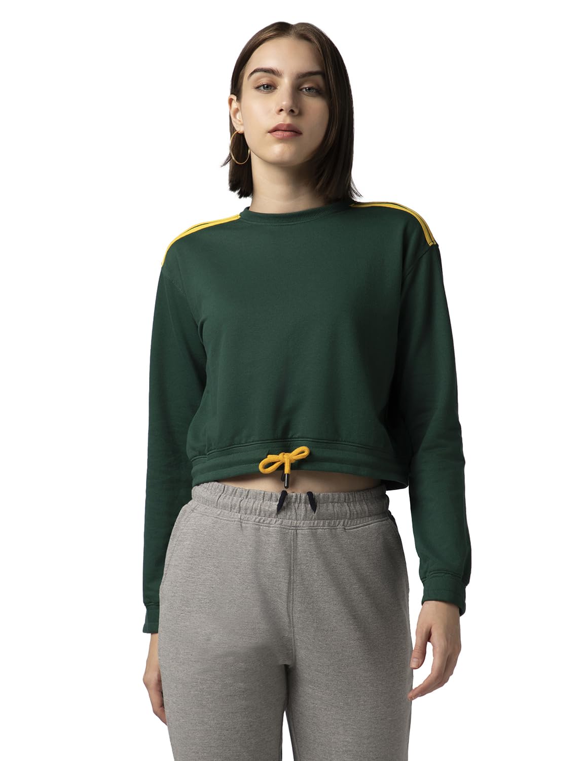 FYLTR Womens Round Neck Drop Shoulder Sweatshirt - Full Sleeve | Elasticated Waist & Cuff | Boxy Fit | Stripe Detailing