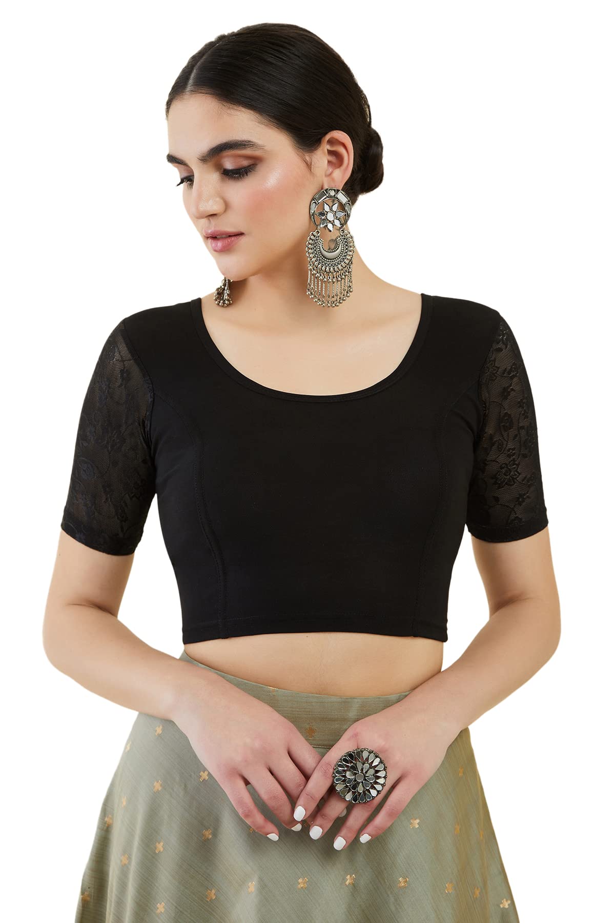 Soch Women Spandex Princess Cut Blouse with Self Woven Floral Sleeves