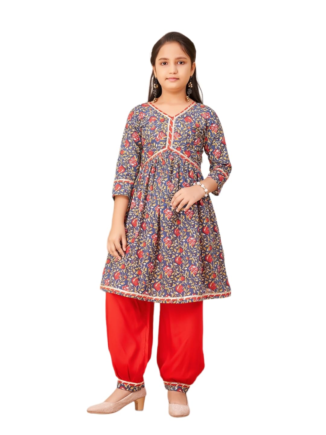 Aarika Girls Ethnic Wear Blue Colour Floral Print With Gota Lace Cotton Kurti Patiala Set (5-16 Years)