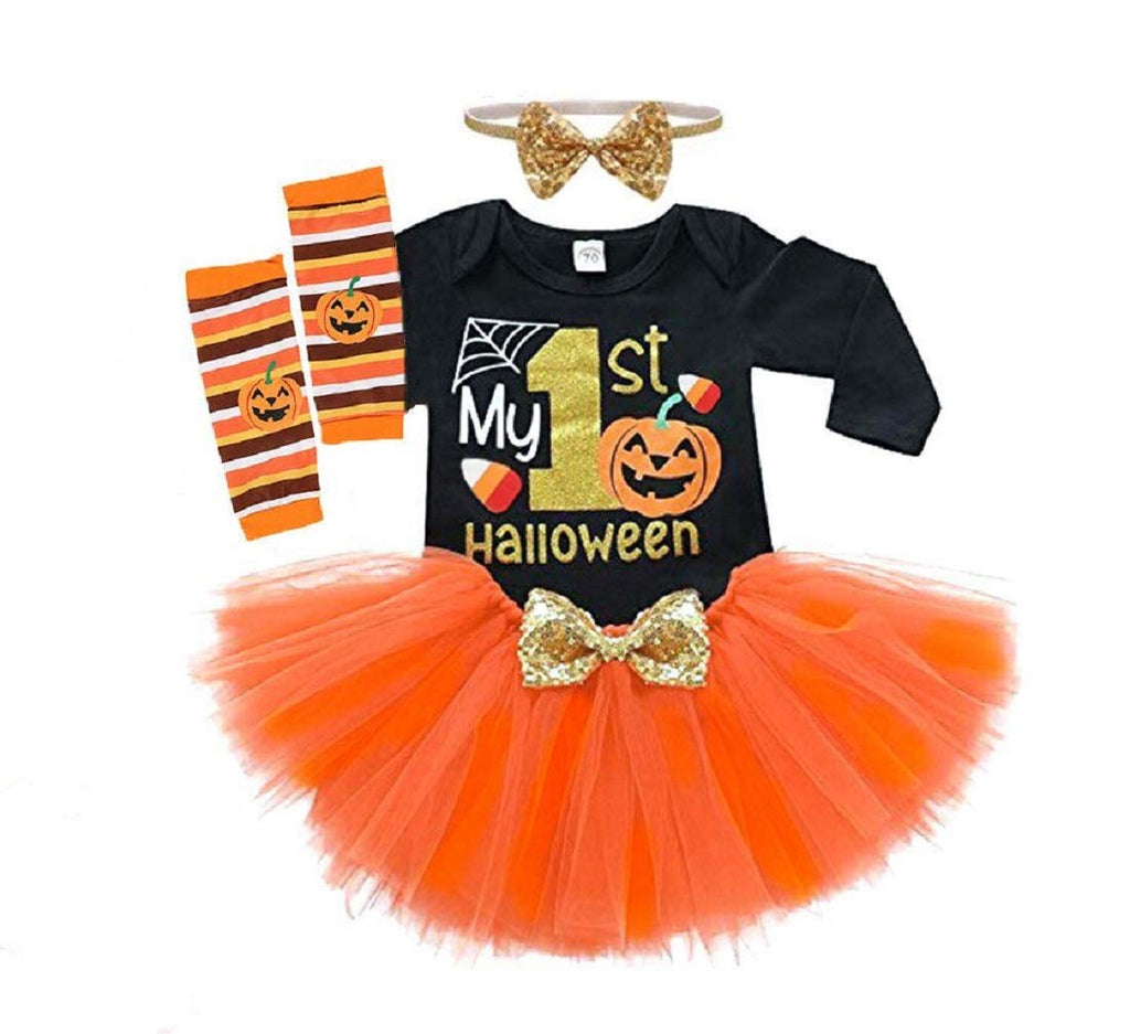 Baby Girls Halloween Outfits Costume My 1st Halloween Romper+ Tutu Skirt+ Striated Leg Warmer+ Bunny Headband 4Pcs Outfit Set (B