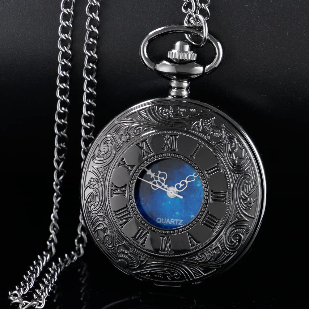 Tiong Roman Numerals Scale Pocket Watch Blue Starry Night Moon Dial Men Pocket Watch with Chain Christmas Graduation Birthday Gi