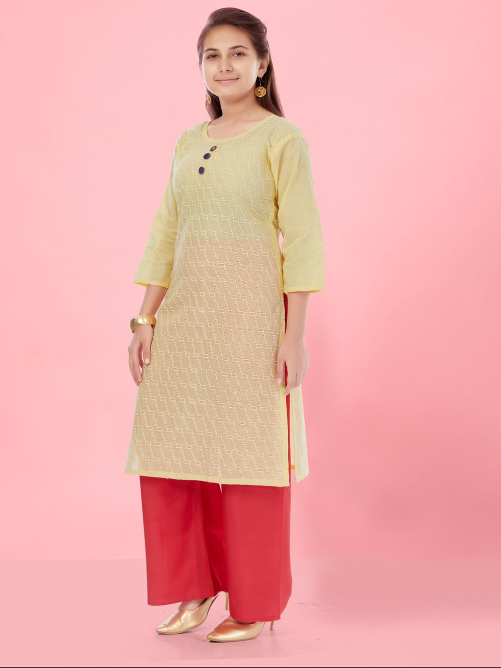 Aarika Girls Lemon Colour Cotton Embroidery Kurti (KURTI-K-181-LEMON-30)