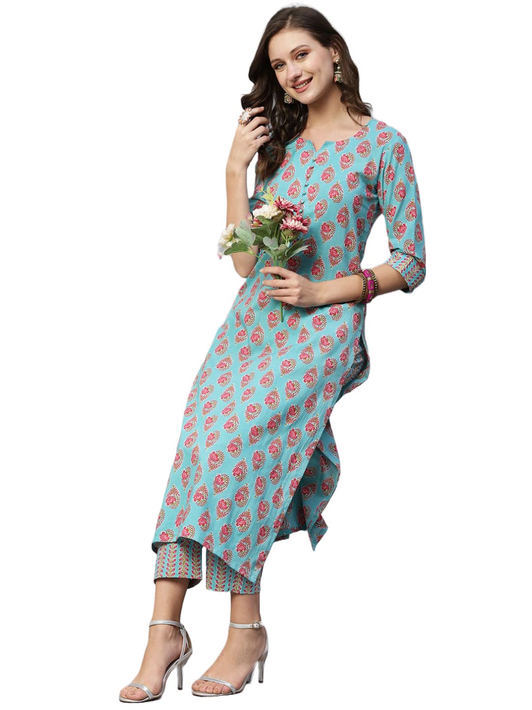 Anni Designer Women'S Cotton Blend Printed Straight Kurta With Pant (Dava Green_S_Green_Small)
