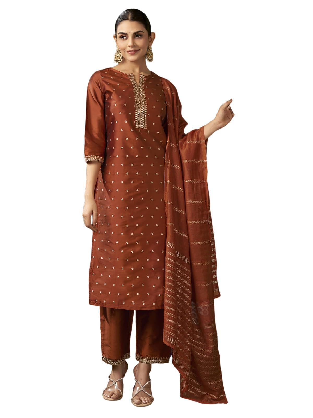 Sanisa Womens Silk Blend Jacquard and Sequins Embroidery Lace Straight Kurta with Pant and Dupatta Set (215KBD2272N-XXL_Rust & 