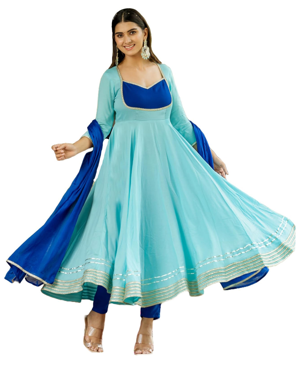ANNI DESIGNER Anarkali Women s Plain Viscose Kurta with Trousers and Dupatta, Blue, 2XL