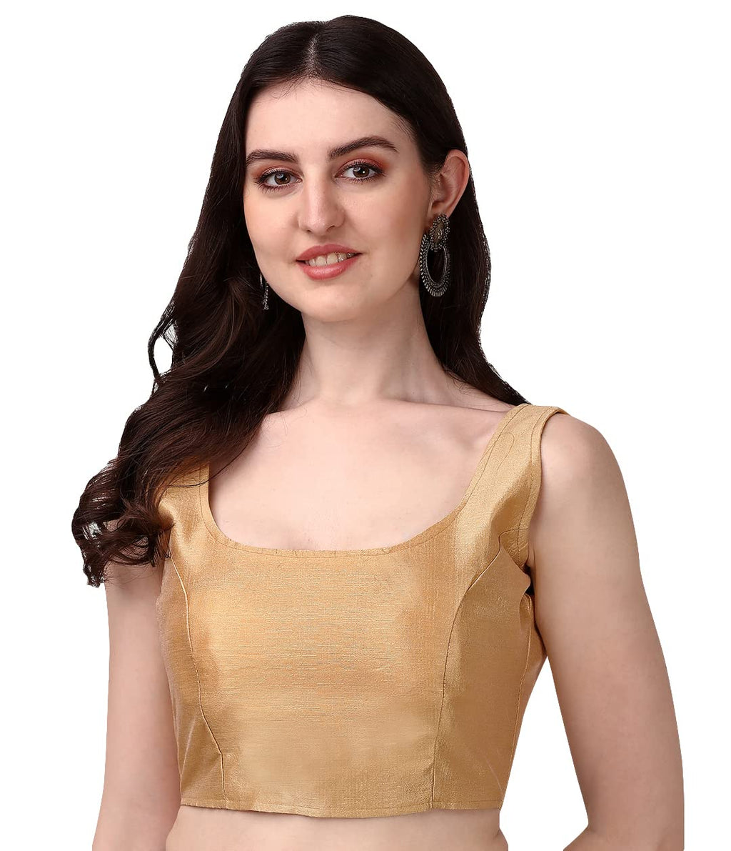 Pujia Mills Womens Deep Neck Silk Sleeveless Readymade Blouse (Sando_Chiku_38)