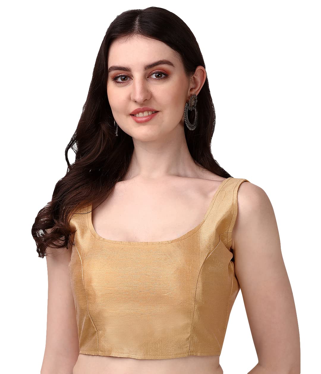 Pujia Mills Womens Deep Neck Silk Sleeveless Readymade Blouse (Sando_Chiku_38)