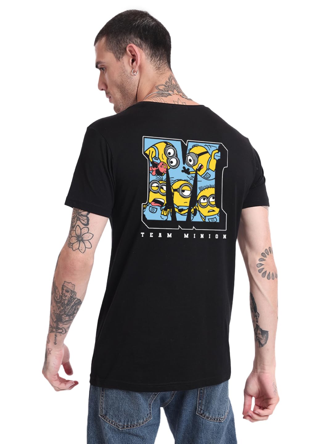 Bewakoof Official Minions Merchandise Mens Graphic Print Regular Fit Half Sleeve Round Neck Cotton Jersey T-Shirt_625594_Black_