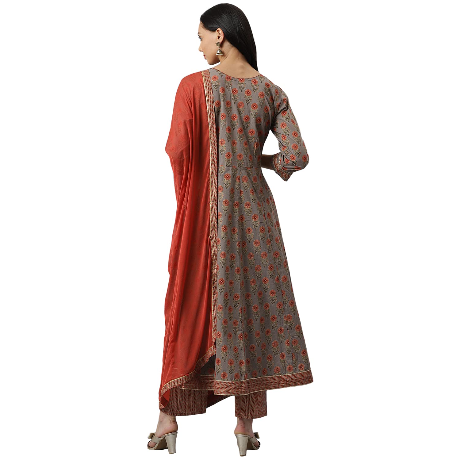 Stylum Women'S Floral Printed Cotton Anarkali Kurta Pant Dupatta Set (Grey)