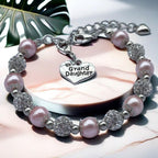 DOLON Pink Faux Pearls Beaded Heart Charm Granddaugther Bracelet Jewelry with Rhinestone Balls Faux Pearl Birthday Christmas Hol