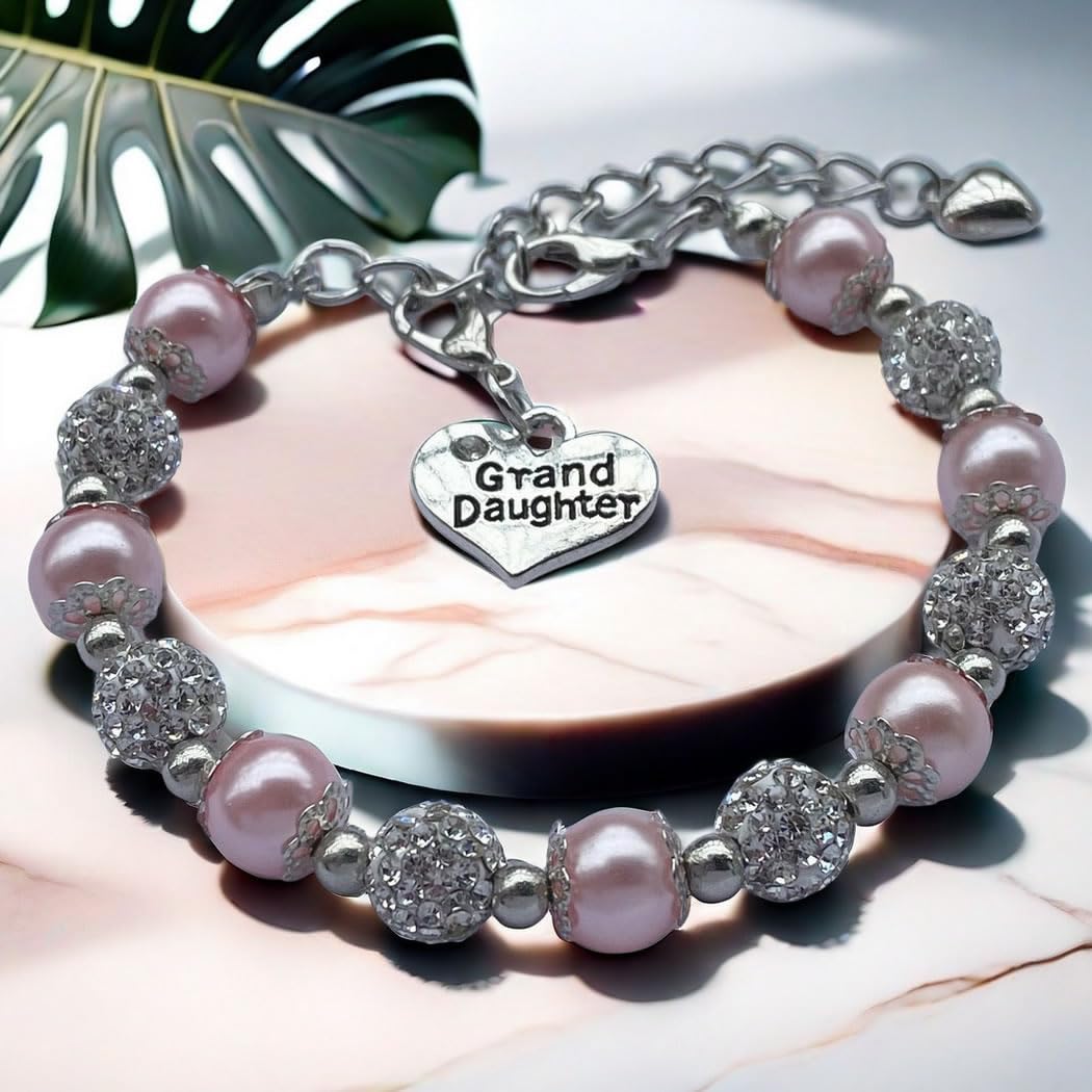 DOLON Pink Faux Pearls Beaded Heart Charm Granddaugther Bracelet Jewelry with Rhinestone Balls Faux Pearl Birthday Christmas Hol