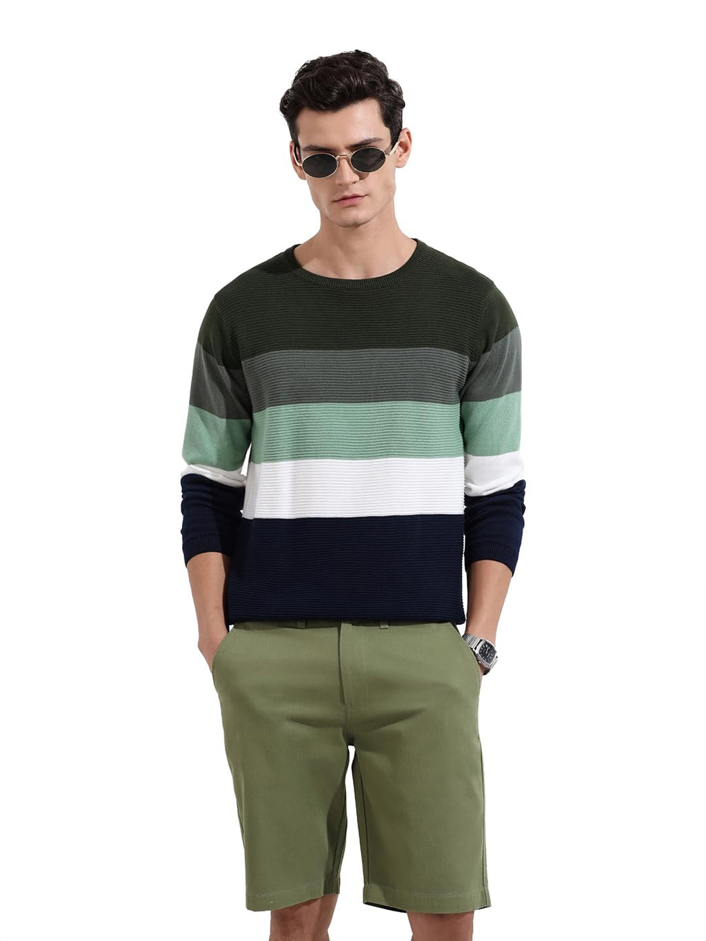 The Indian Garage Co Mens Slim Fit Colourblocked Long Sleeves Crew Neck Flat Knit T-Shirt