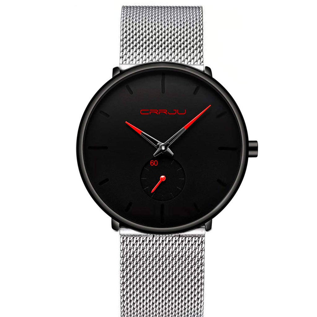 Mens Watches Ultra-Thin Minimalist Waterproof-Fashion Wrist Watch for Men Unisex Dress with Stainless Steel Mesh Band-Red Hands(