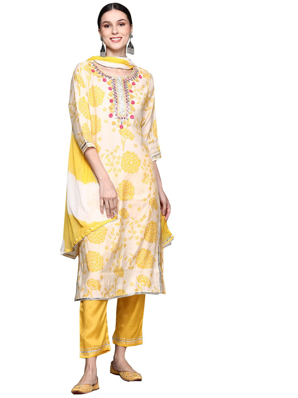 Ishin Women'S Silk Blend A-Line Yoke Design Gotta Patti Floral Print Yellow Kurta Suit Set With Trouser Inwsd0155_Yl_L_Yellow