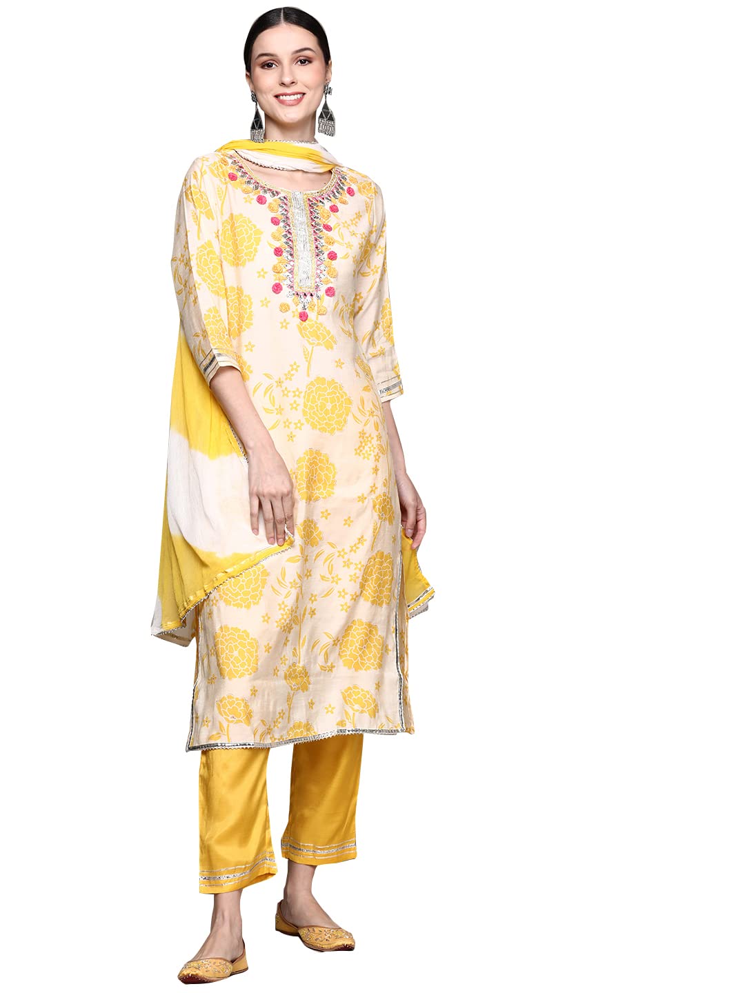 Ishin Women'S Silk Blend A-Line Yoke Design Gotta Patti Floral Print Yellow Kurta Suit Set With Trouser Inwsd0155_Yl_L_Yellow