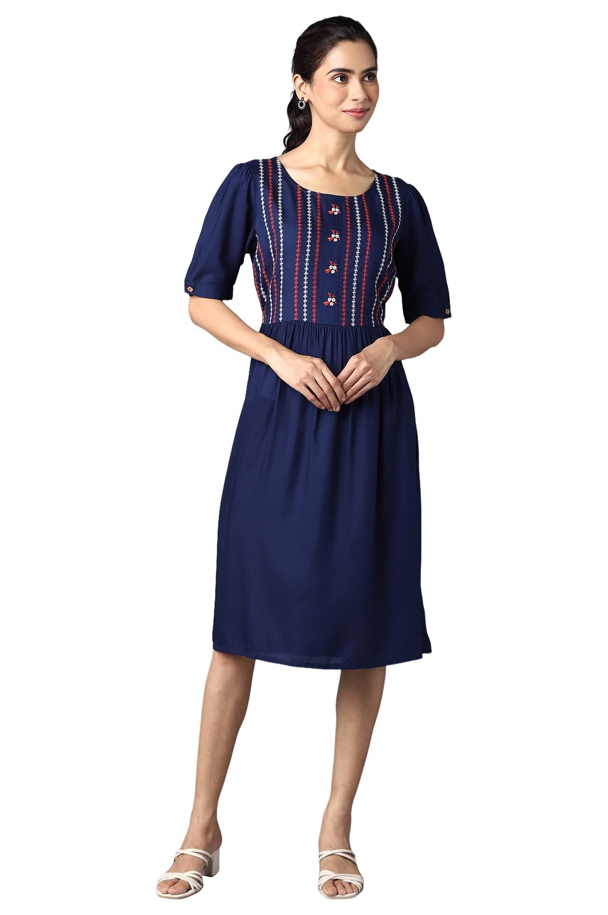 Aure Collection By Aurelia Navy Embroidered Dress With Gathers