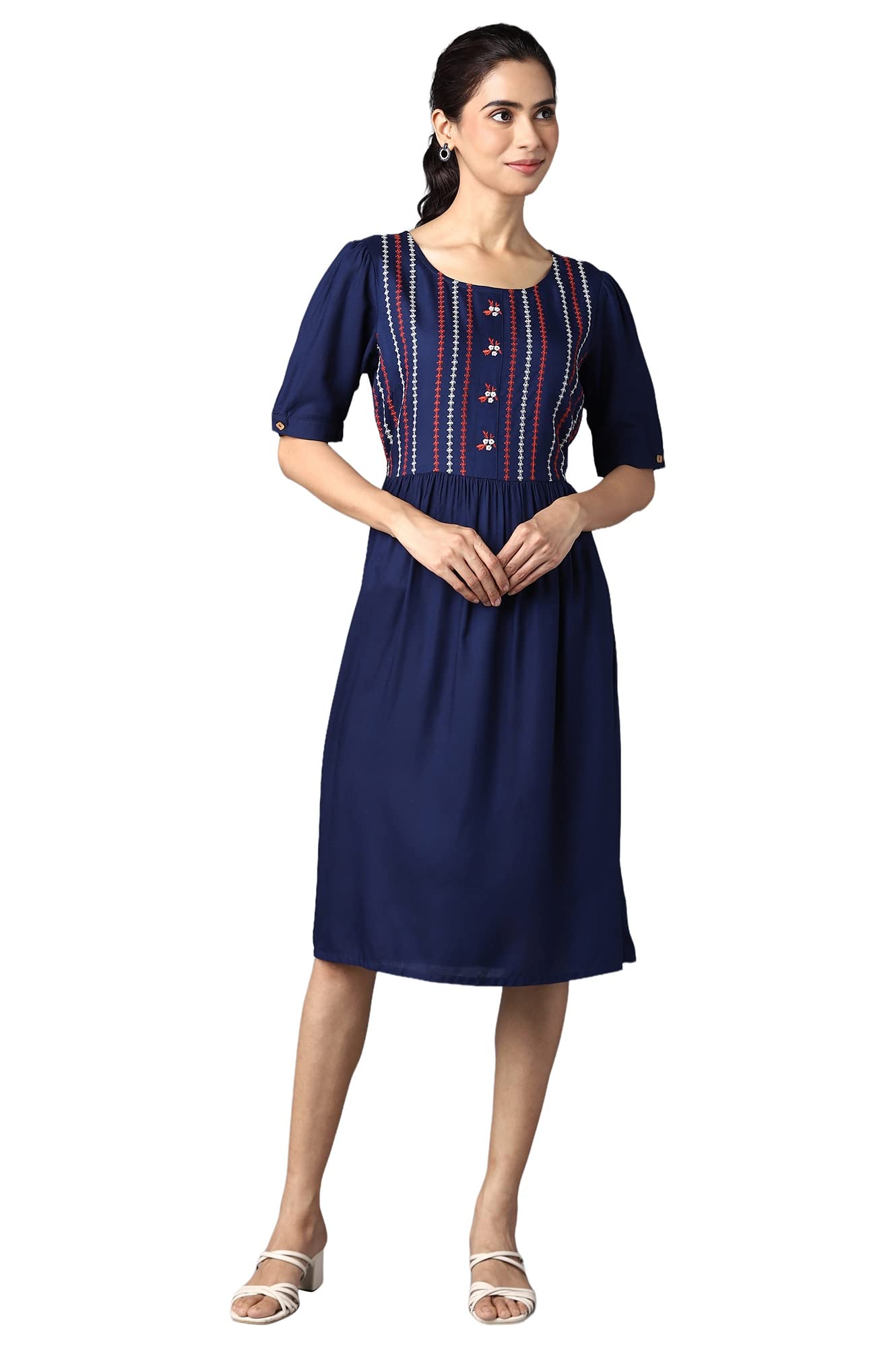 Aurelia Womens Viscose Aure Collection by Navy Embroidered Dress with Gathers Below The Knee (22ONA13287-604209 L)