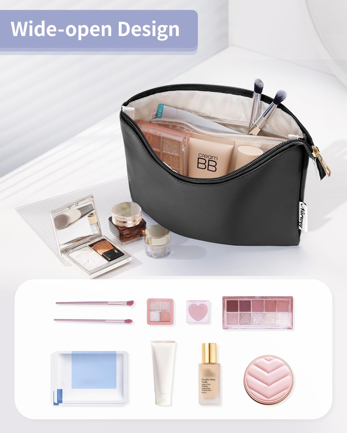 Narwey Small Makeup Bag for Purse Vegan Leather Travel Makeup Pouch Cosmetic Bag Zipper Pouch for Women