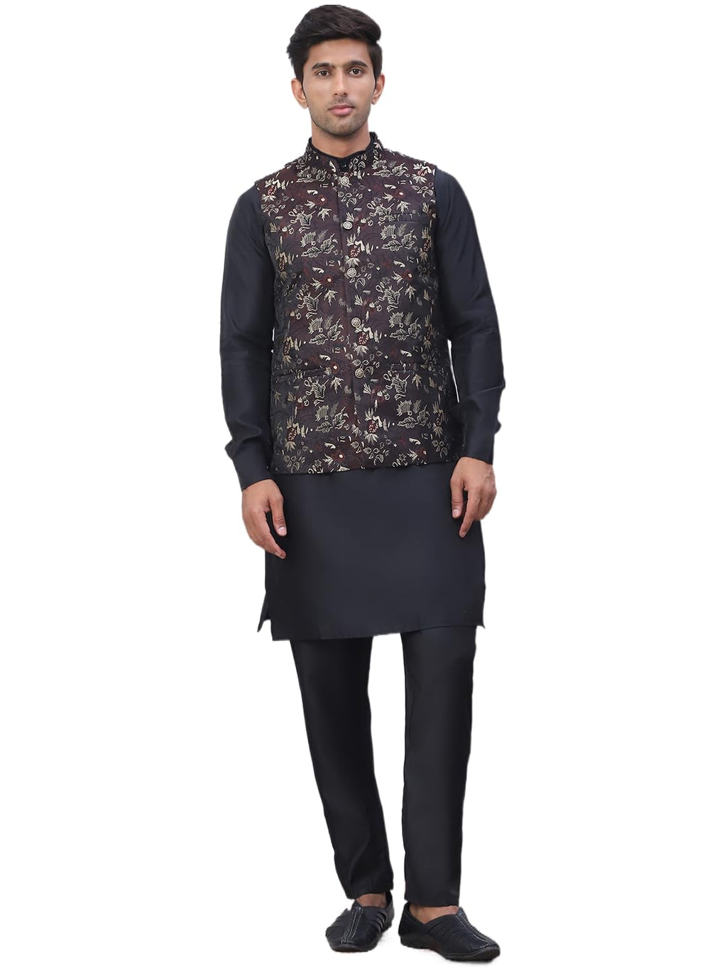 Jompers Mens Embossed Nehru Jacket With Solid Kurta Pyjama Set
