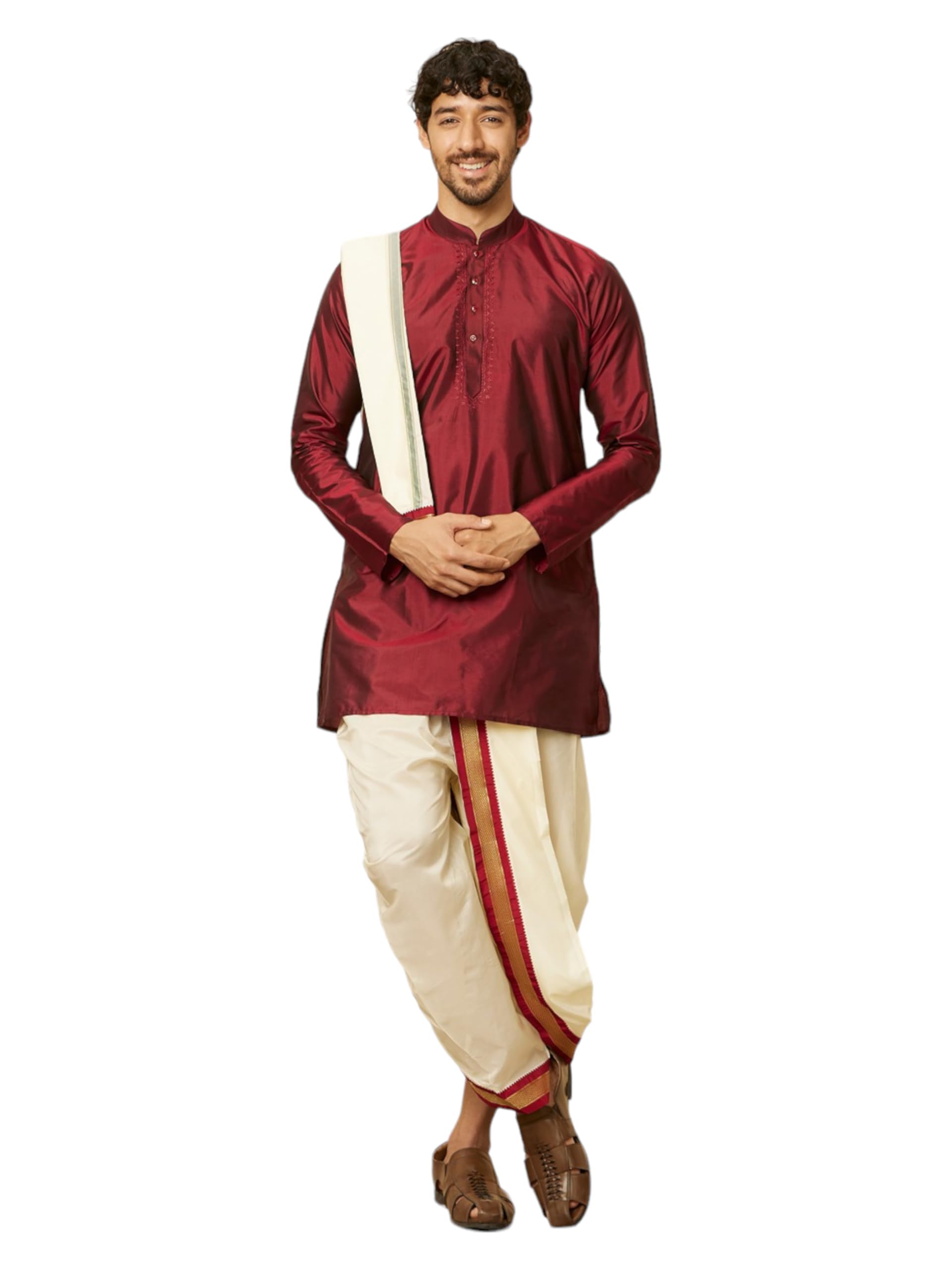 Manyavar Mens Maroon Silk|Art Silk Solid Kurta Pancha Set
