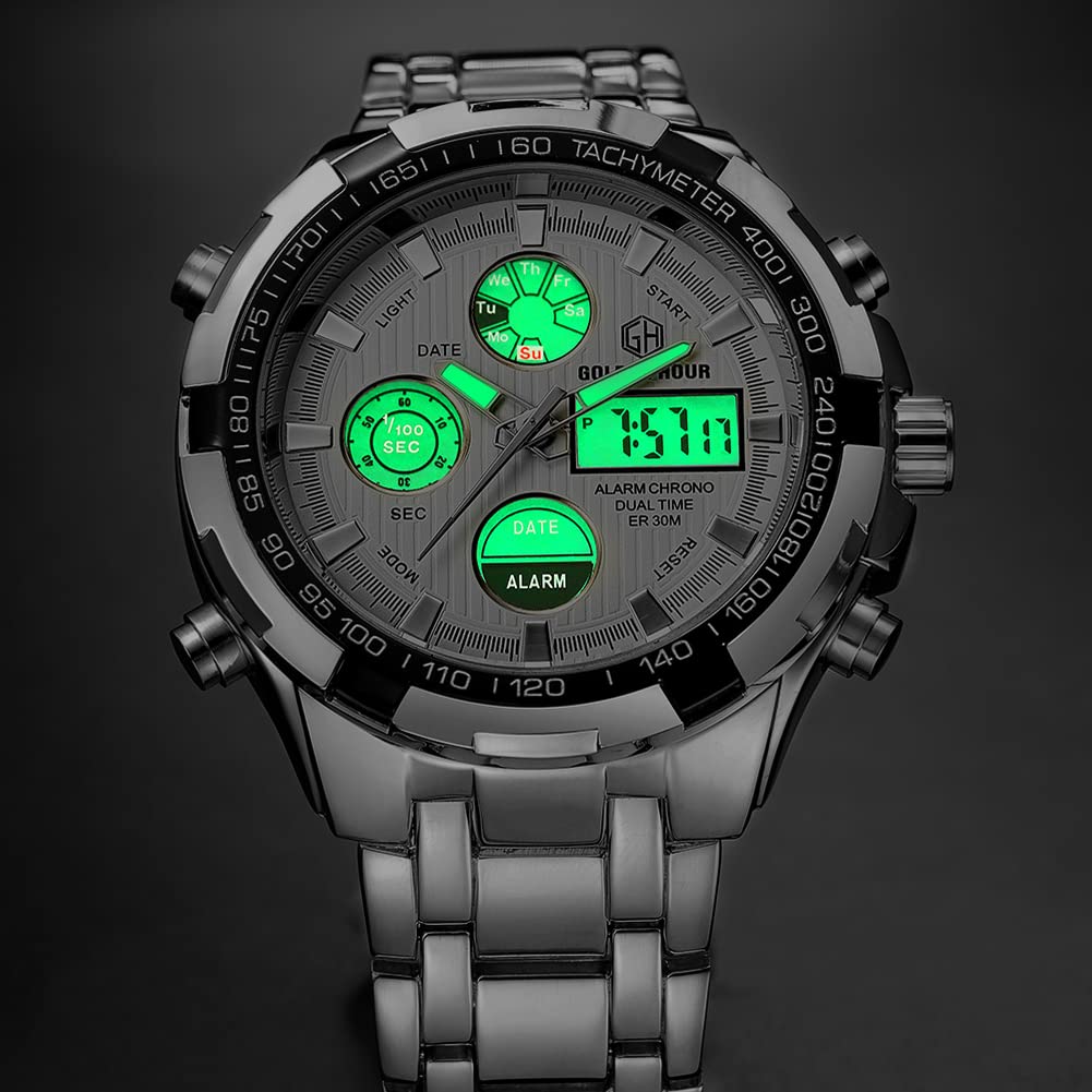 GOLDEN HOUR Luxury Stainless Steel Analog Digital Watches for Men Male Outdoor Sport Waterproof Big Heavy Wristwatch (Silver Whi