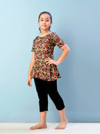 Aarika Girls Sports Wear Yellow-Black Colour Floral Print Nylon Swim Suit (5-15 Years)-(SW-SHM-C-1112)