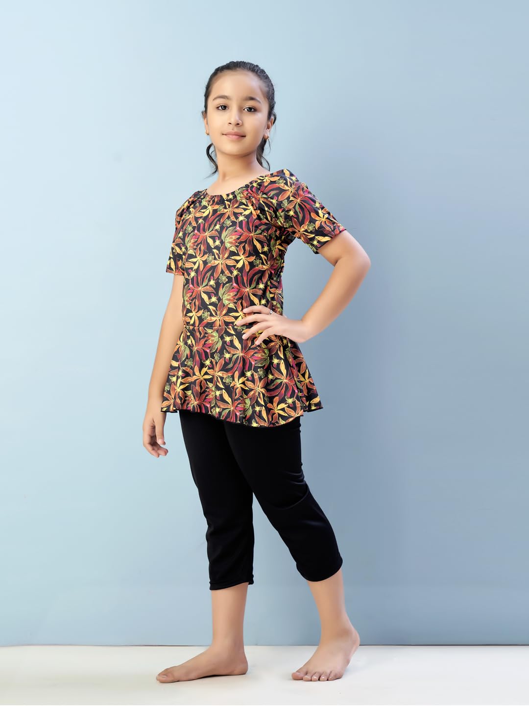 Aarika Girls Sports Wear Yellow-Black Colour Floral Print Nylon Swim Suit (5-15 Years)-(SW-SHM-C-1112)